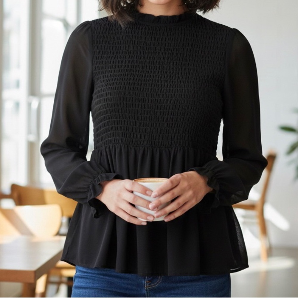 Mi Ami Elegant Black Smocked Shirred Top Blouse Sheer Sleeves and Ruffle Size S